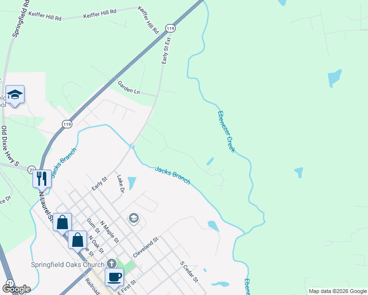 map of restaurants, bars, coffee shops, grocery stores, and more near 249 Hawk Hammock Road in Springfield