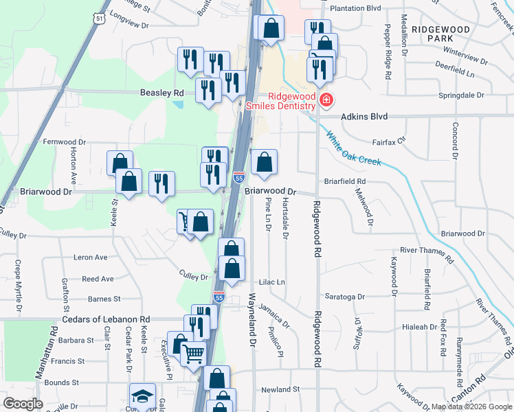 map of restaurants, bars, coffee shops, grocery stores, and more near 5556 Wayneland Drive in Jackson