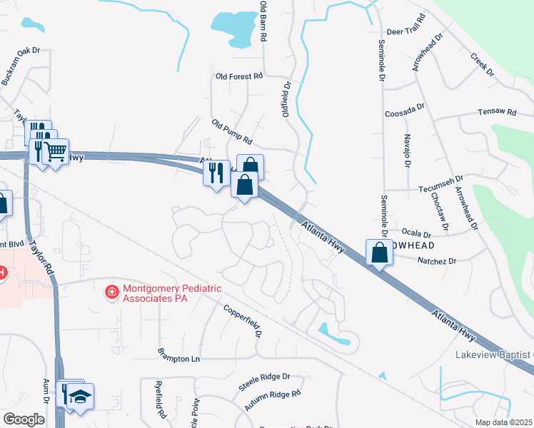 map of restaurants, bars, coffee shops, grocery stores, and more near 8351 Wexford Way in Montgomery