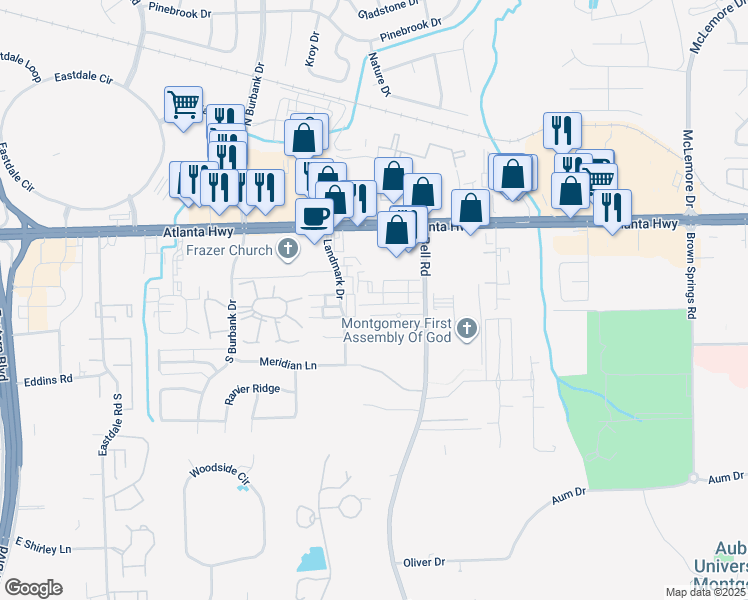 map of restaurants, bars, coffee shops, grocery stores, and more near 6234 Bell Gables Road in Montgomery