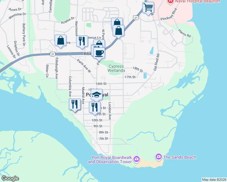 map of restaurants, bars, coffee shops, grocery stores, and more near 904 14th Street in Port Royal