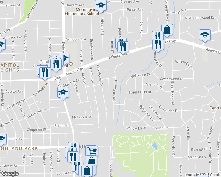 map of restaurants, bars, coffee shops, grocery stores, and more near 131 Mimosa Drive in Montgomery