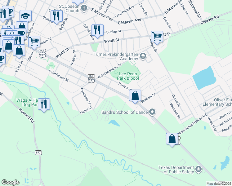 map of restaurants, bars, coffee shops, grocery stores, and more near 1120 Martin Luther King Junior Boulevard in Waxahachie