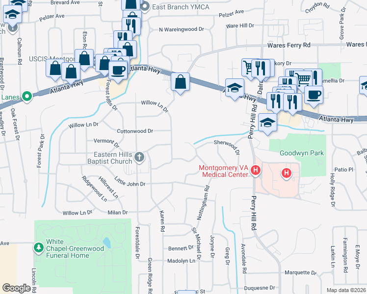 map of restaurants, bars, coffee shops, grocery stores, and more near 142 Nottingham Court in Montgomery