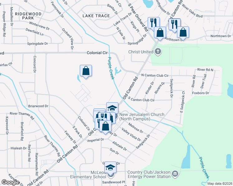 map of restaurants, bars, coffee shops, grocery stores, and more near 5773 Old Canton Road in Jackson