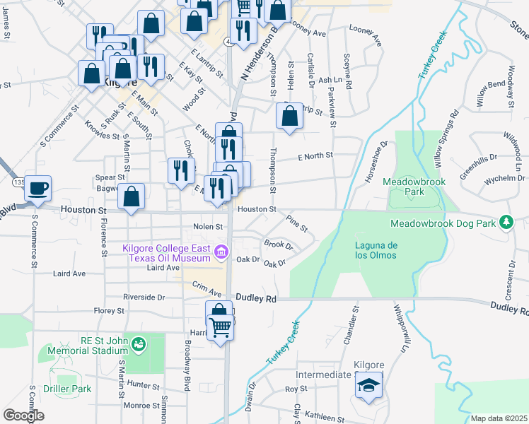 map of restaurants, bars, coffee shops, grocery stores, and more near 1107 Brook Drive in Kilgore