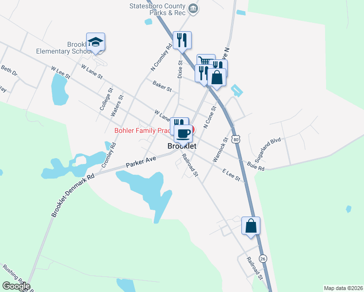 map of restaurants, bars, coffee shops, grocery stores, and more near in Brooklet