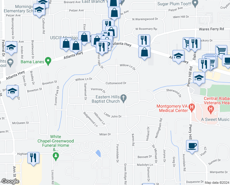 map of restaurants, bars, coffee shops, grocery stores, and more near 424 Green Ridge Road in Montgomery