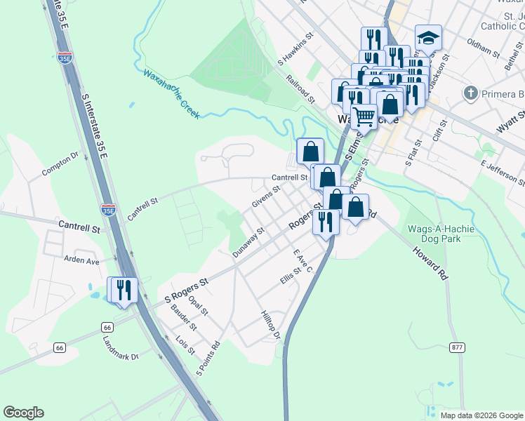 map of restaurants, bars, coffee shops, grocery stores, and more near 806 Dunaway Street in Waxahachie