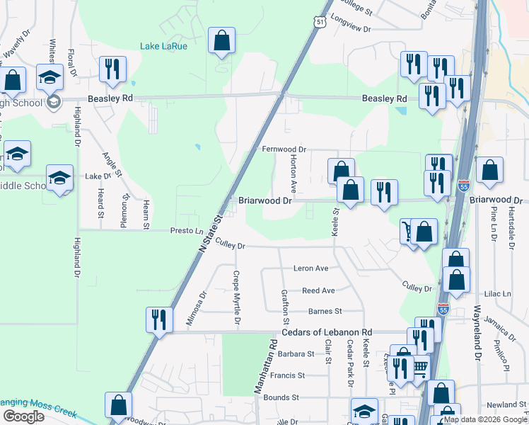 map of restaurants, bars, coffee shops, grocery stores, and more near 161 Briarwood Drive in Jackson