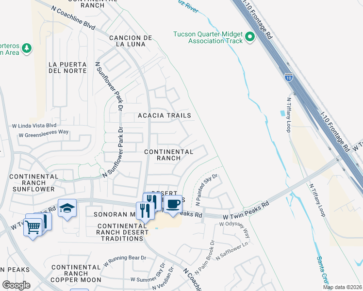 map of restaurants, bars, coffee shops, grocery stores, and more near 9494 North Mission Valley Place in Tucson