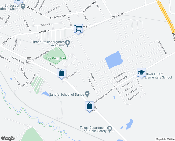 map of restaurants, bars, coffee shops, grocery stores, and more near 1510 Drexal in Waxahachie