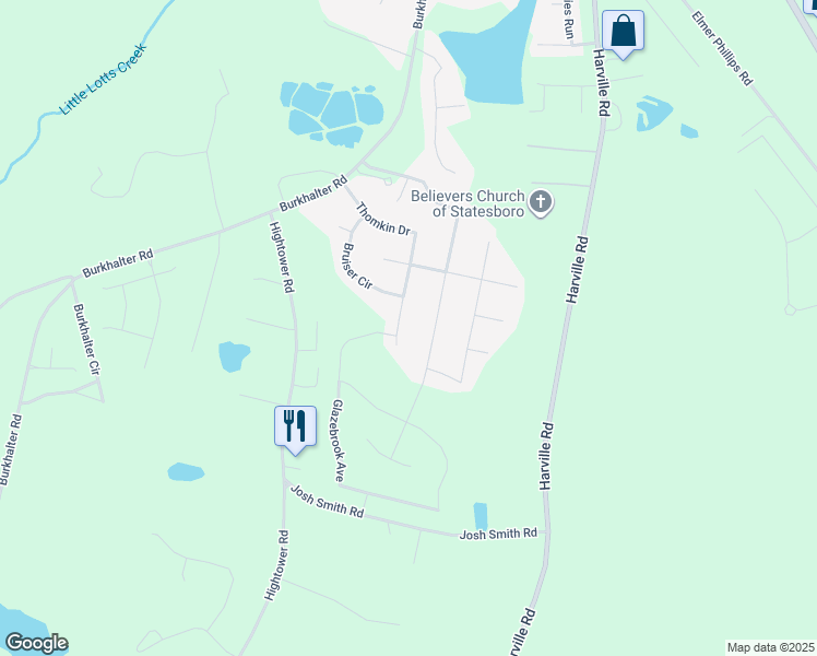 map of restaurants, bars, coffee shops, grocery stores, and more near 141 Thomkin Drive in Statesboro