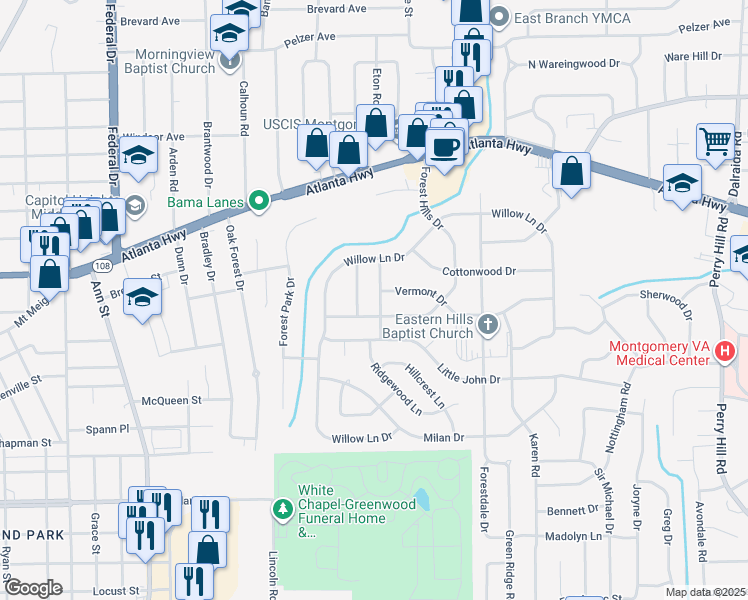 map of restaurants, bars, coffee shops, grocery stores, and more near 601 Forest Hills Drive in Montgomery