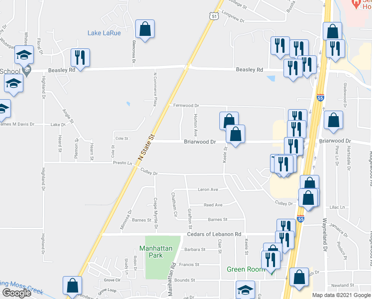 map of restaurants, bars, coffee shops, grocery stores, and more near 167 Briarwood Drive in Jackson