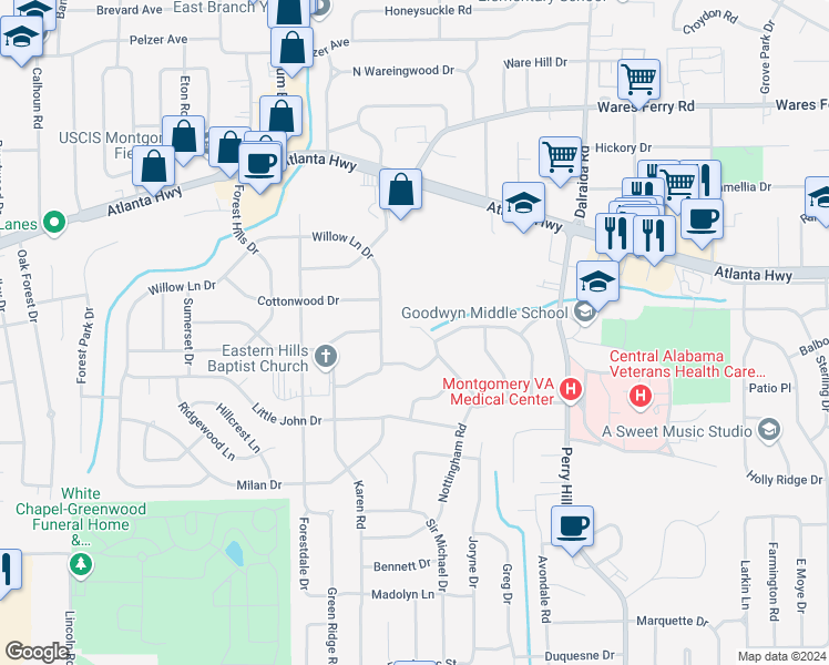 map of restaurants, bars, coffee shops, grocery stores, and more near 148 Nottingham Court in Montgomery