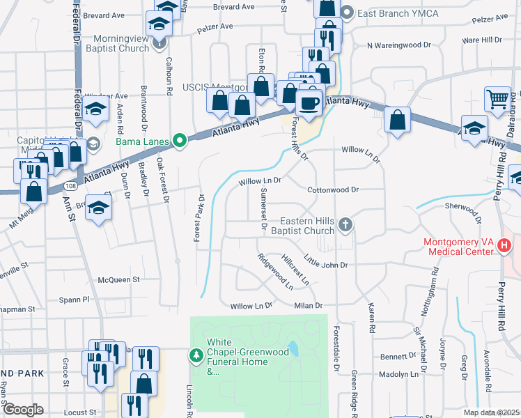 map of restaurants, bars, coffee shops, grocery stores, and more near 601 Forest Hills Drive in Montgomery