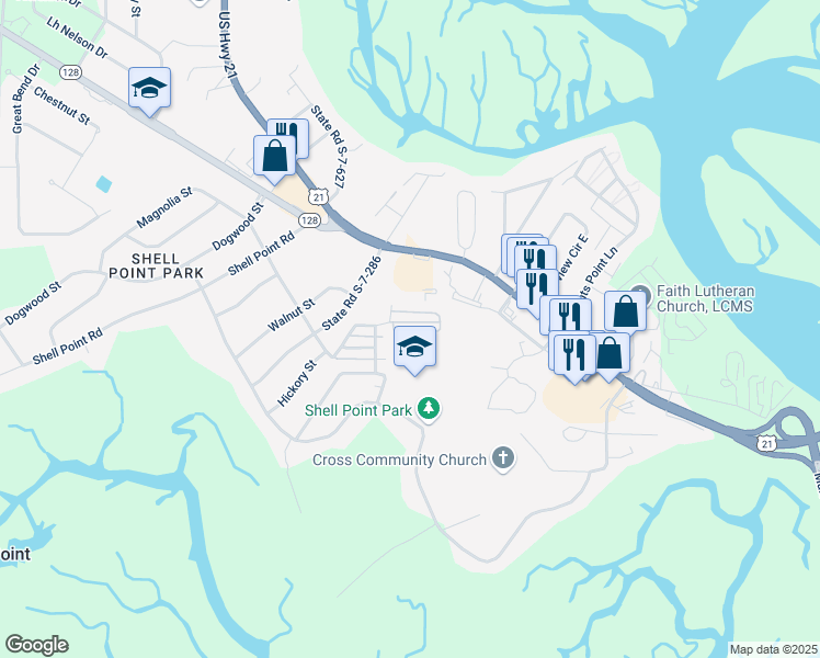 map of restaurants, bars, coffee shops, grocery stores, and more near 408 Coquinas Lane in Beaufort