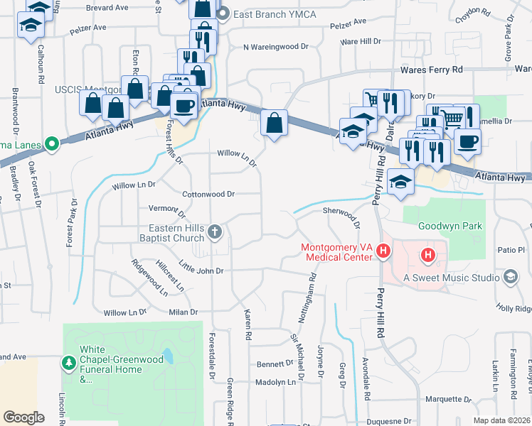 map of restaurants, bars, coffee shops, grocery stores, and more near 3649 Willow Lane Drive in Montgomery