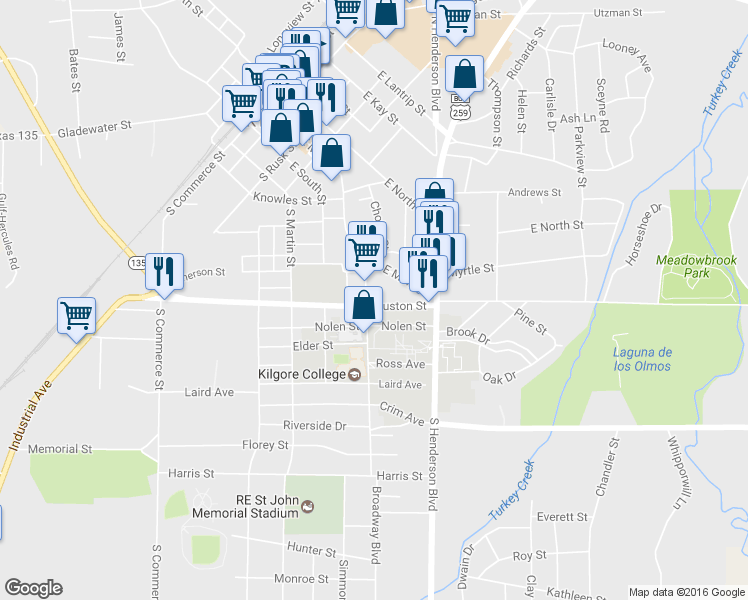 map of restaurants, bars, coffee shops, grocery stores, and more near 807 Houston Street in Kilgore