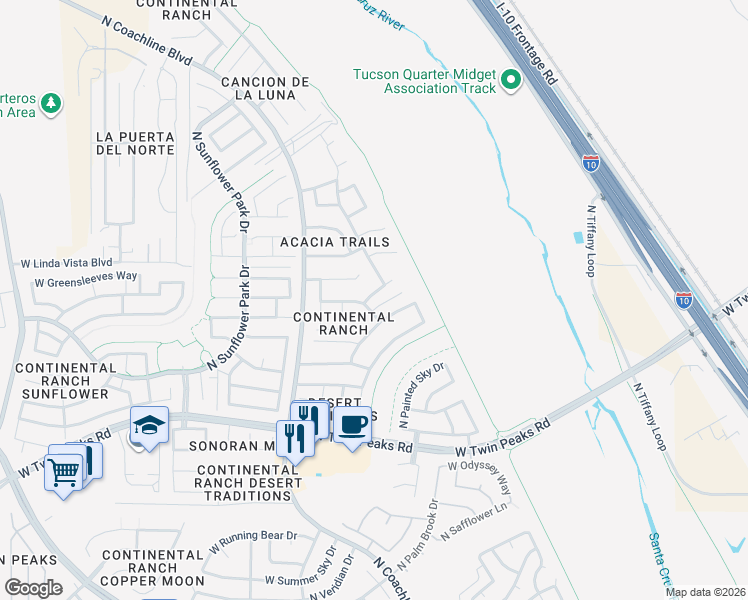 map of restaurants, bars, coffee shops, grocery stores, and more near 7381 West Sonesta Drive in Tucson