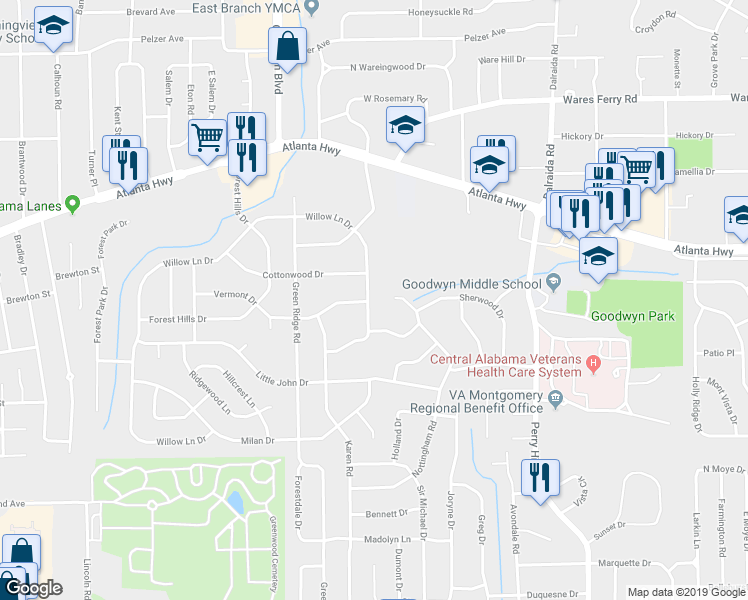 map of restaurants, bars, coffee shops, grocery stores, and more near 3649 Willow Lane Drive in Montgomery