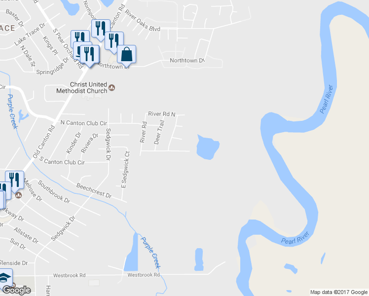 map of restaurants, bars, coffee shops, grocery stores, and more near 203 River Glen Street in Jackson