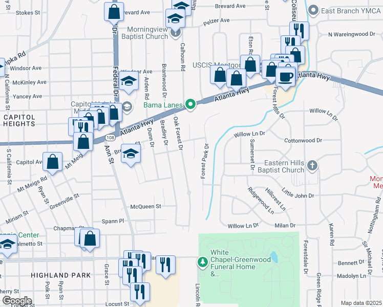 map of restaurants, bars, coffee shops, grocery stores, and more near 124 Mimosa Drive in Montgomery
