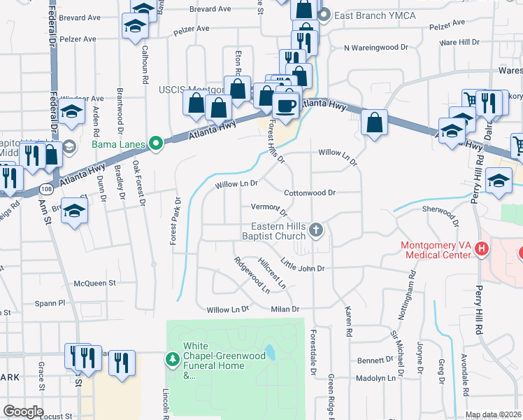 map of restaurants, bars, coffee shops, grocery stores, and more near 3322 Vermont Drive in Montgomery
