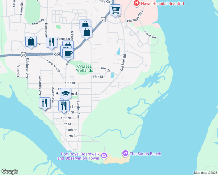 map of restaurants, bars, coffee shops, grocery stores, and more near 708 16th Street in Port Royal