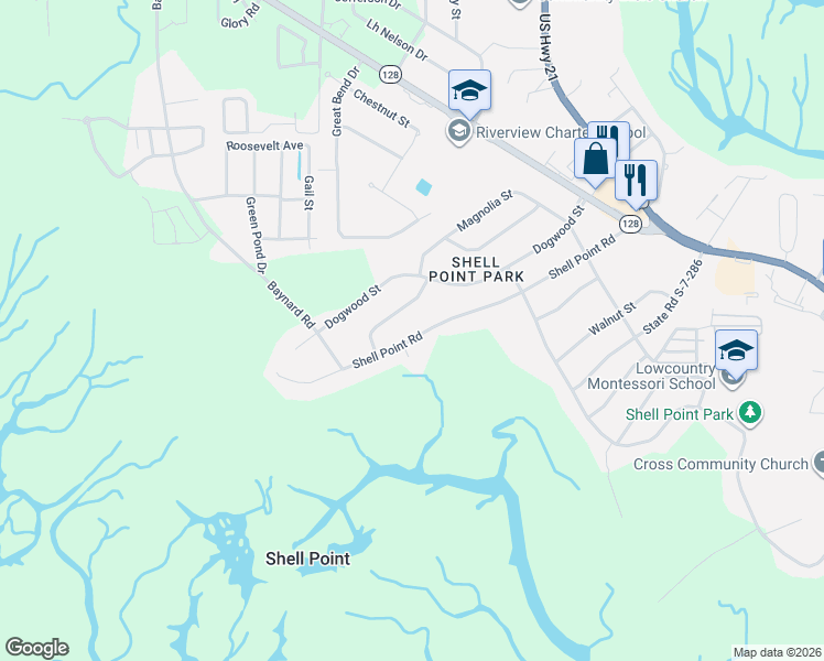 map of restaurants, bars, coffee shops, grocery stores, and more near 6004 Morning Mist Drive in Beaufort