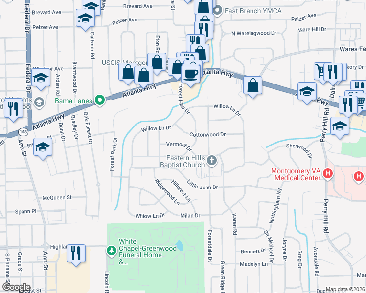 map of restaurants, bars, coffee shops, grocery stores, and more near 3340 Vermont Drive in Montgomery