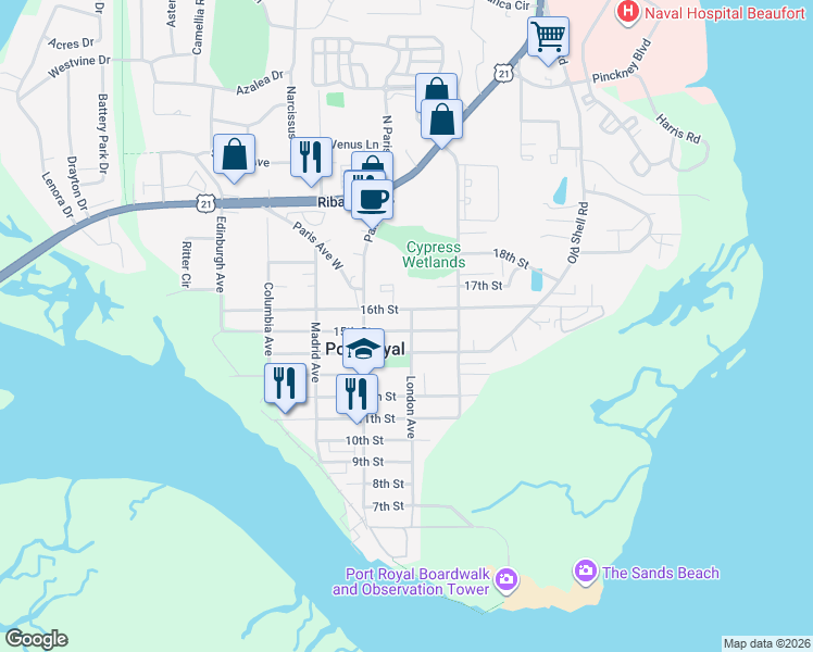 map of restaurants, bars, coffee shops, grocery stores, and more near 904B 16th Street in Port Royal