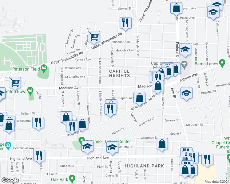 map of restaurants, bars, coffee shops, grocery stores, and more near 17 South California Street in Montgomery