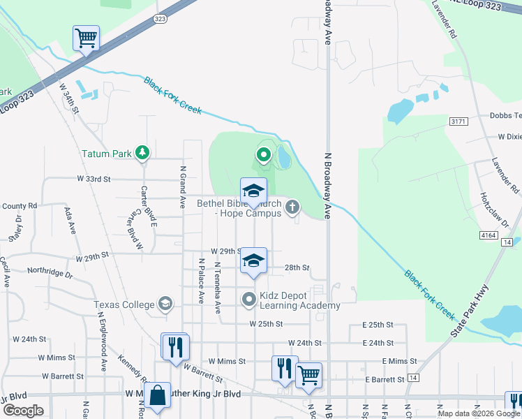 map of restaurants, bars, coffee shops, grocery stores, and more near 524 West 32nd Street in Tyler