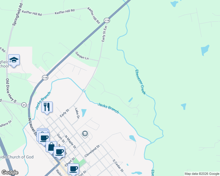 map of restaurants, bars, coffee shops, grocery stores, and more near 201 Hawk Hammock Road in Springfield