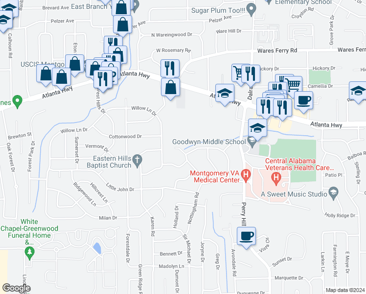 map of restaurants, bars, coffee shops, grocery stores, and more near 106 Nottingham Court in Montgomery