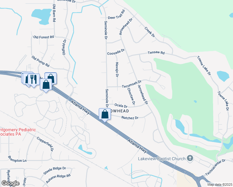map of restaurants, bars, coffee shops, grocery stores, and more near 201 Navajo Drive in Montgomery
