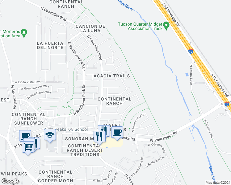 map of restaurants, bars, coffee shops, grocery stores, and more near 7492 West Mission Valley Drive in Tucson