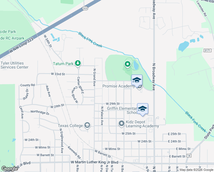map of restaurants, bars, coffee shops, grocery stores, and more near 3022 Glass Avenue in Tyler