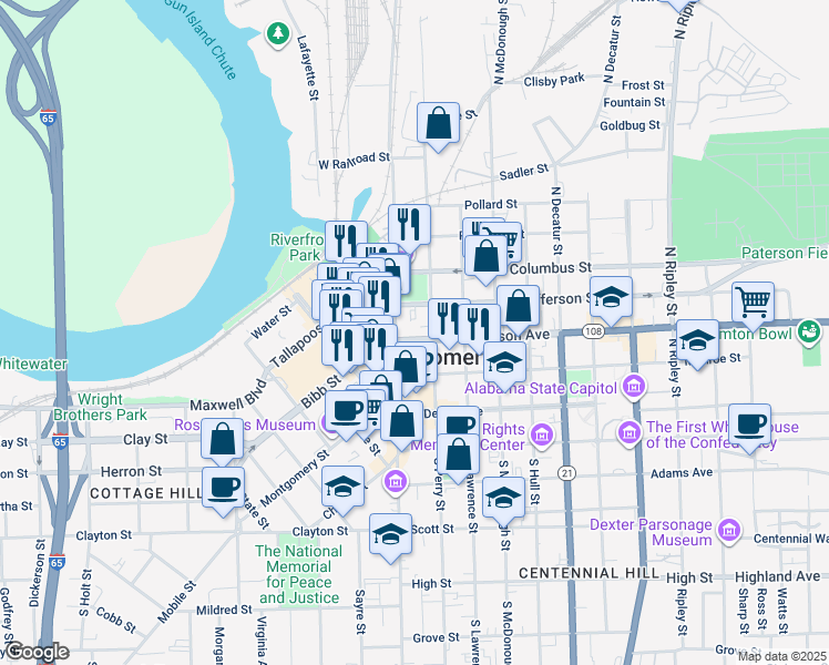 map of restaurants, bars, coffee shops, grocery stores, and more near 27 Madison Avenue in Montgomery