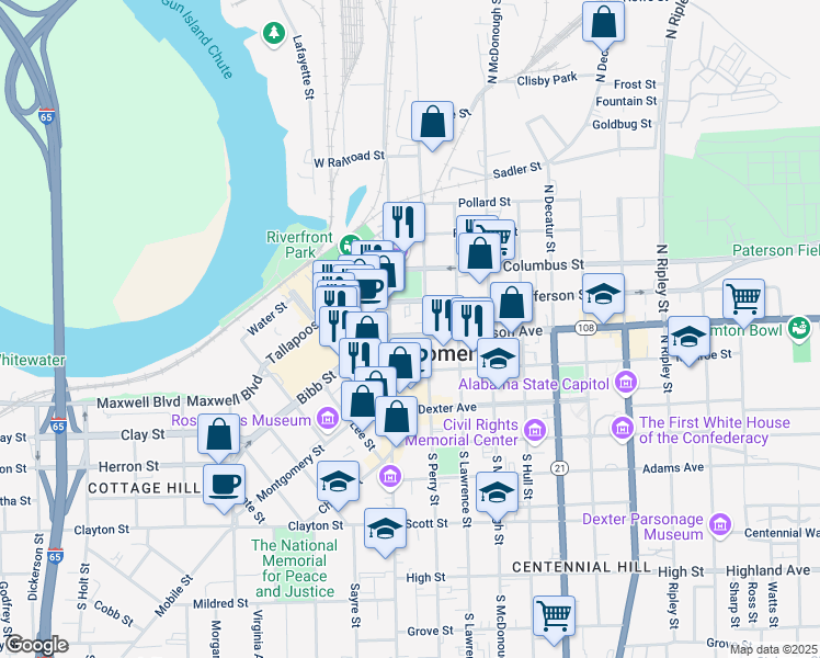 map of restaurants, bars, coffee shops, grocery stores, and more near 27 Madison Avenue in Montgomery