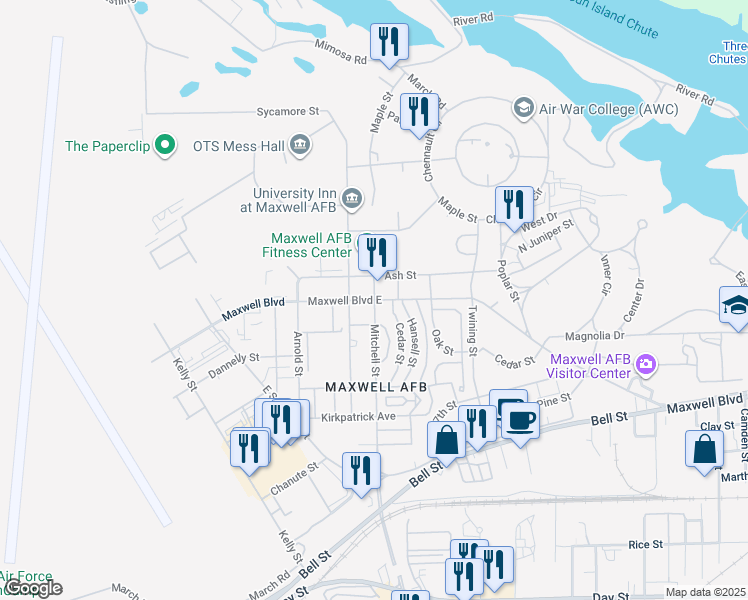map of restaurants, bars, coffee shops, grocery stores, and more near 400 Maxwell Blvd E in Montgomery