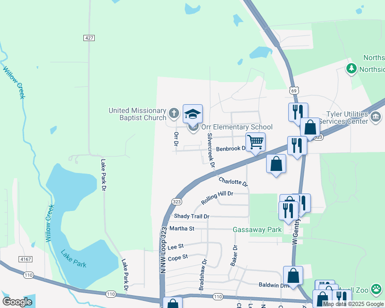 map of restaurants, bars, coffee shops, grocery stores, and more near 3404 Benbrook Drive in Tyler