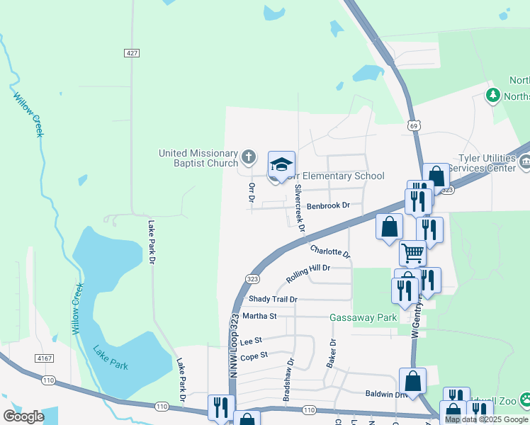 map of restaurants, bars, coffee shops, grocery stores, and more near 3404 Benbrook Drive in Tyler