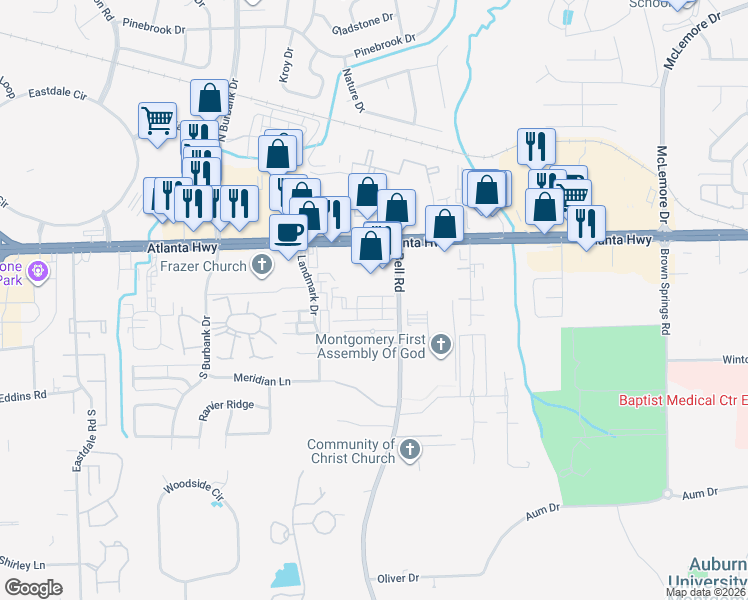 map of restaurants, bars, coffee shops, grocery stores, and more near 6200 Atlanta Highway in Montgomery