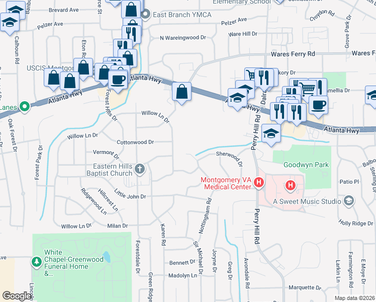 map of restaurants, bars, coffee shops, grocery stores, and more near 3649 Willow Lane Drive in Montgomery