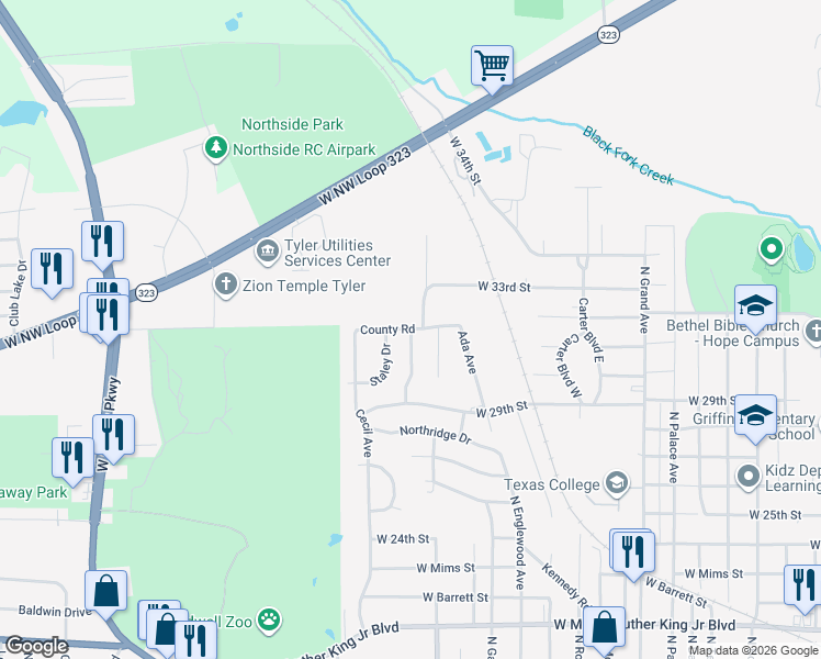 map of restaurants, bars, coffee shops, grocery stores, and more near 2825 Commonwealth Drive in Tyler