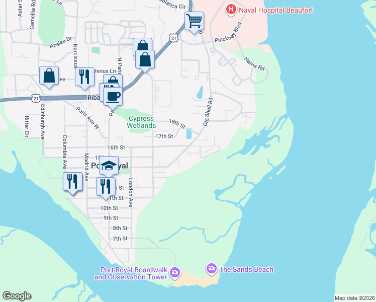 map of restaurants, bars, coffee shops, grocery stores, and more near 708 16th Street in Port Royal