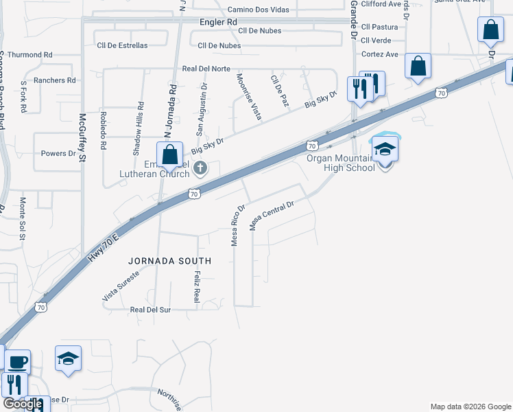 map of restaurants, bars, coffee shops, grocery stores, and more near 4656 Mesa Rico Drive in Las Cruces